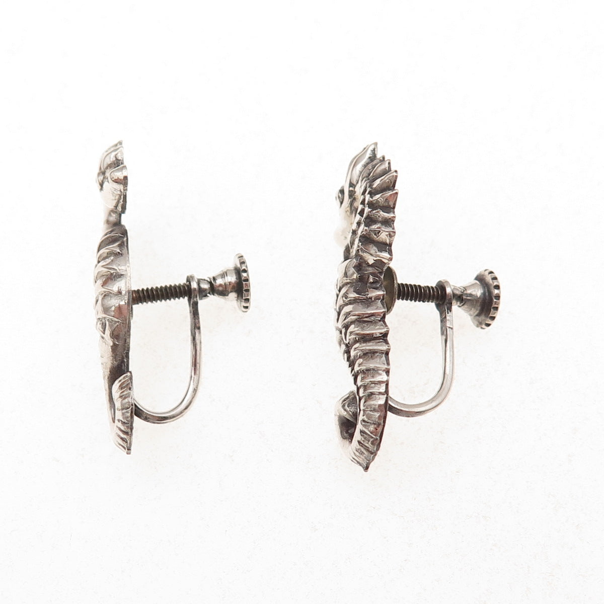925 Sterling Silver Antique Art Deco Seahorse Oxidized Screw Back Earrings