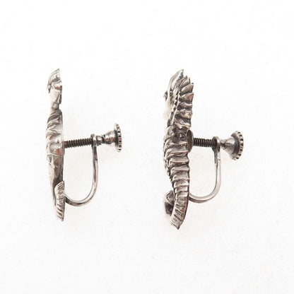 925 Sterling Silver Antique Art Deco Seahorse Oxidized Screw Back Earrings