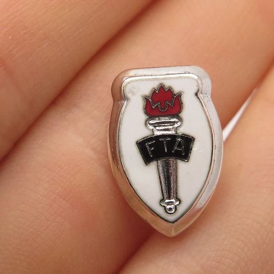 925 Sterling Silver Vintage Canada Colorful Enamel "FTA" Torch Pin Brooch