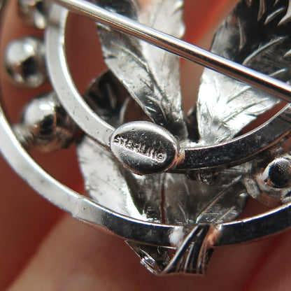 925 Sterling Silver Antique Art Deco Multi-Color Rhinestone Floral Pin Brooch