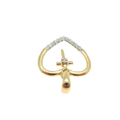 HAN 925 Sterling Silver Gold Plated Round-Cut C Z Heart Cross Minimalist Pendant
