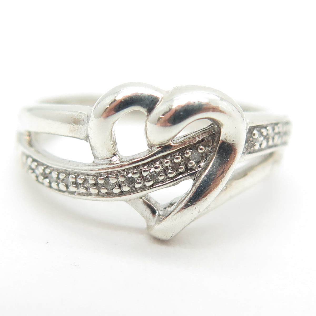 925 Sterling Silver Real Round-Cut Diamond Heart Ring Size 7