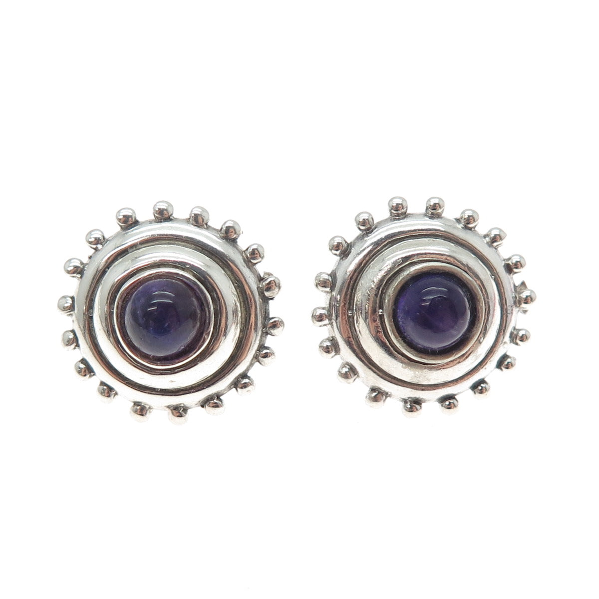 MORNING SUN 925 Sterling Silver Vintage Real Amethyst Modernist Stud Earrings