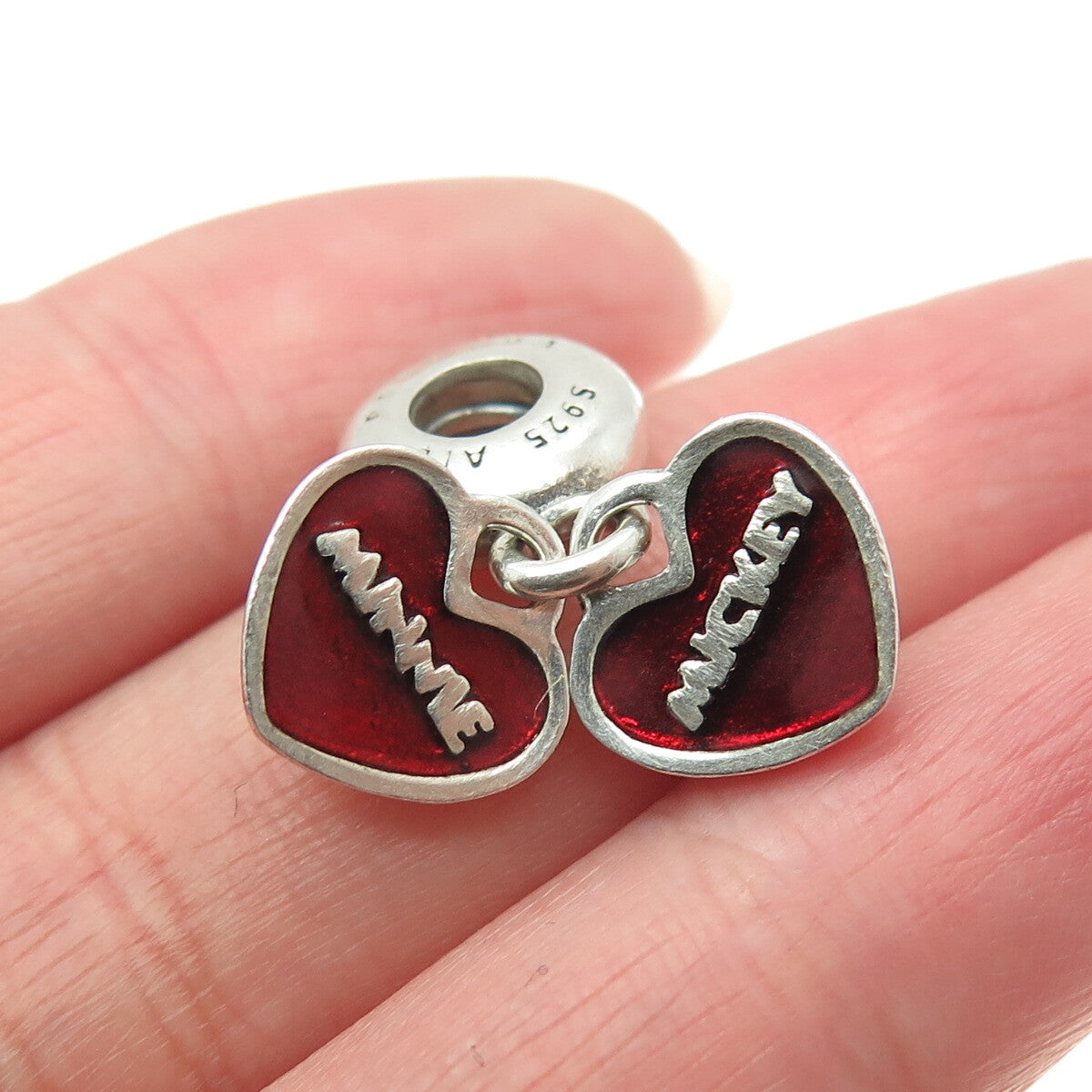 PANDORA 925 Sterling Silver Enamel & Black C Z Mickey & Minnie Mouse Heart Charm