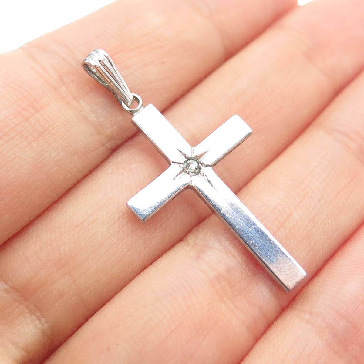 THEDA 925 Sterling Silver Vintage Rhinestone Cross Religious Charm Pendant