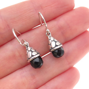 925 Sterling Silver Vintage Real Black Onyx Teardrop Dangle Earrings