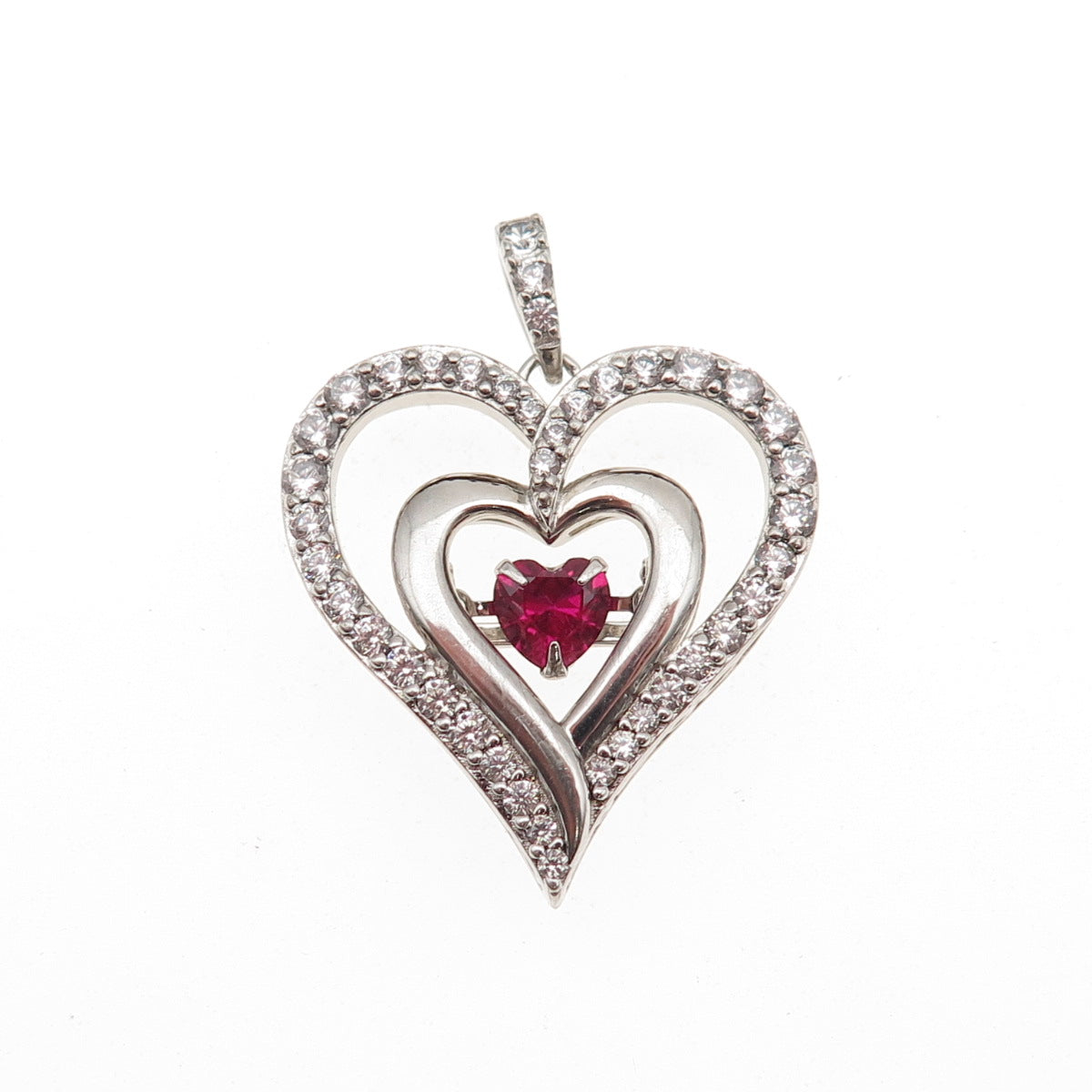 SUN 925 Sterling Silver Lab-Created Ruby & C Z Heart Charm Pendant