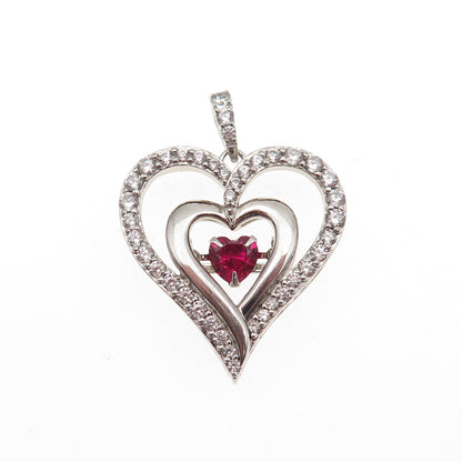 SUN 925 Sterling Silver Lab-Created Ruby & C Z Heart Charm Pendant