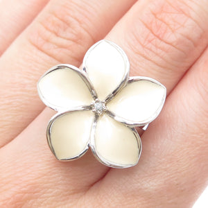 925 Sterling Silver Enamel Real Diamond Hawaiian Plumeria Flower Ring Size 7