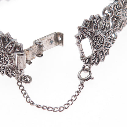 925 Sterling Silver Antique Marcasite Flower Bracelet 6.75" (missing 2 stones)