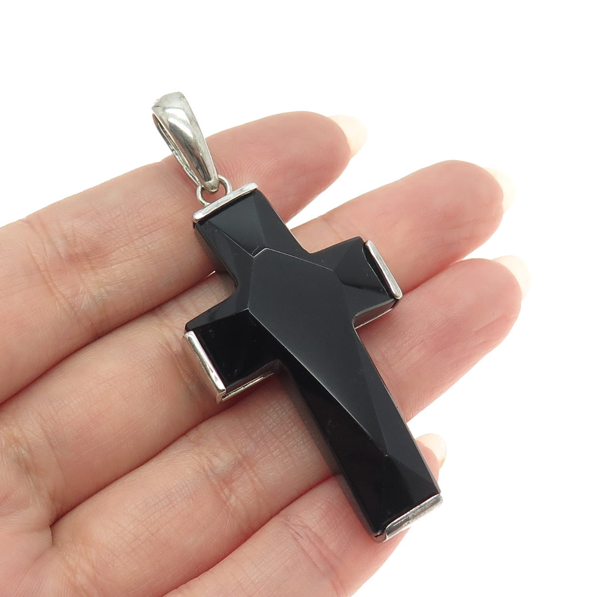 CHAPAL ZENRAY 925 Sterling Silver Vintage Real Black Onyx Gem Cross Pendant