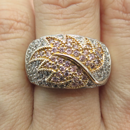 925 Sterling Silver 2-Tone Round-Cut Lavender & White C Z Floral Ring Size 7.25