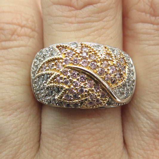 925 Sterling Silver 2-Tone Round-Cut Lavender & White C Z Floral Ring Size 7.25