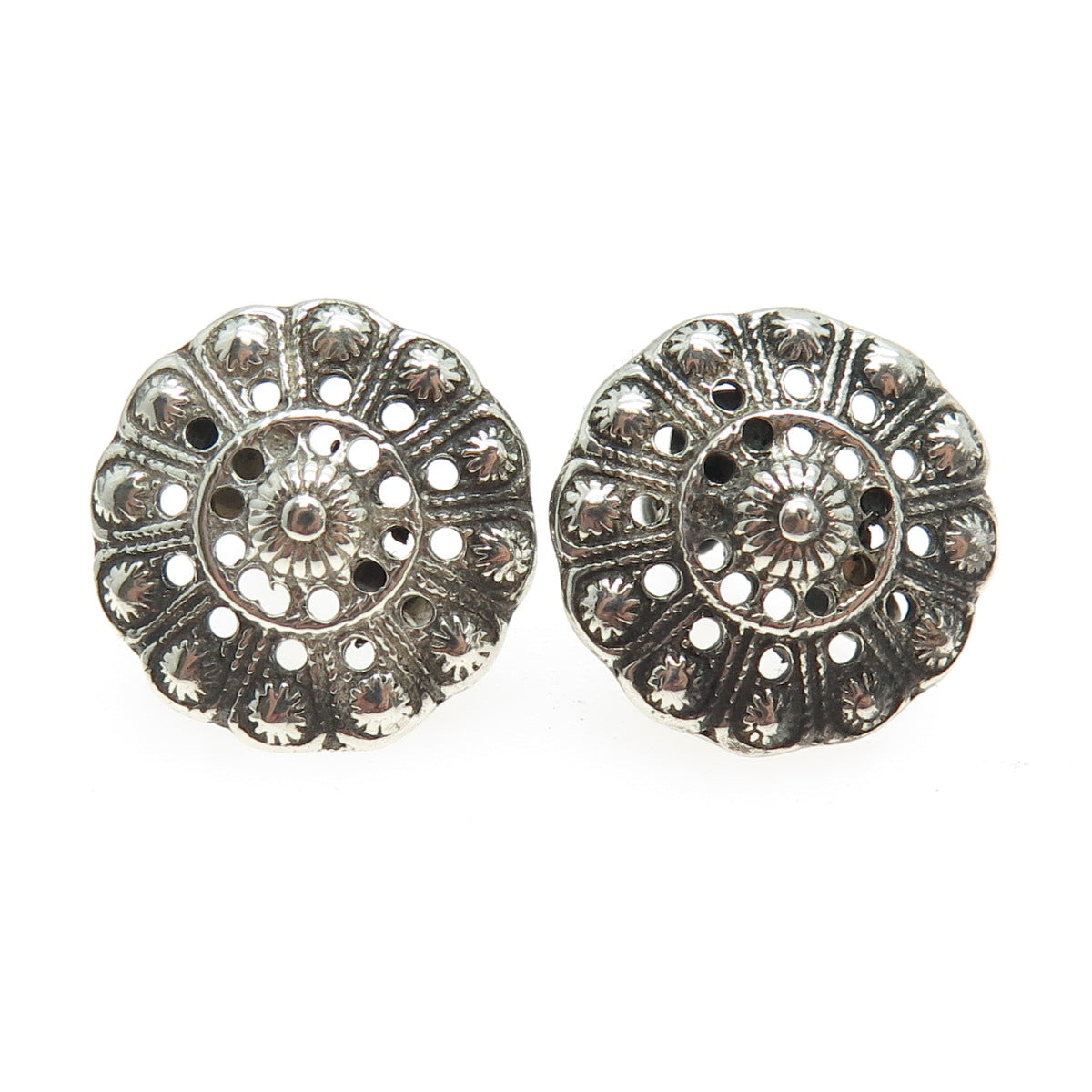 925 Sterling Silver Antique Art Deco Real Marcasite Floral Screw Back Earrings