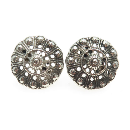 925 Sterling Silver Antique Art Deco Real Marcasite Floral Screw Back Earrings