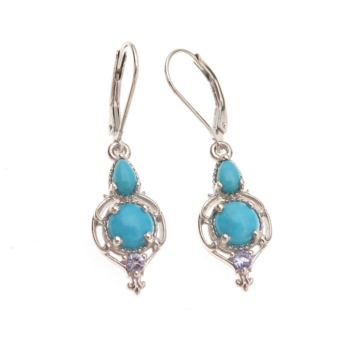 Chuck Clemency 925 Sterling Silver Real Turquoise & Tanzanite Dangle Earrings