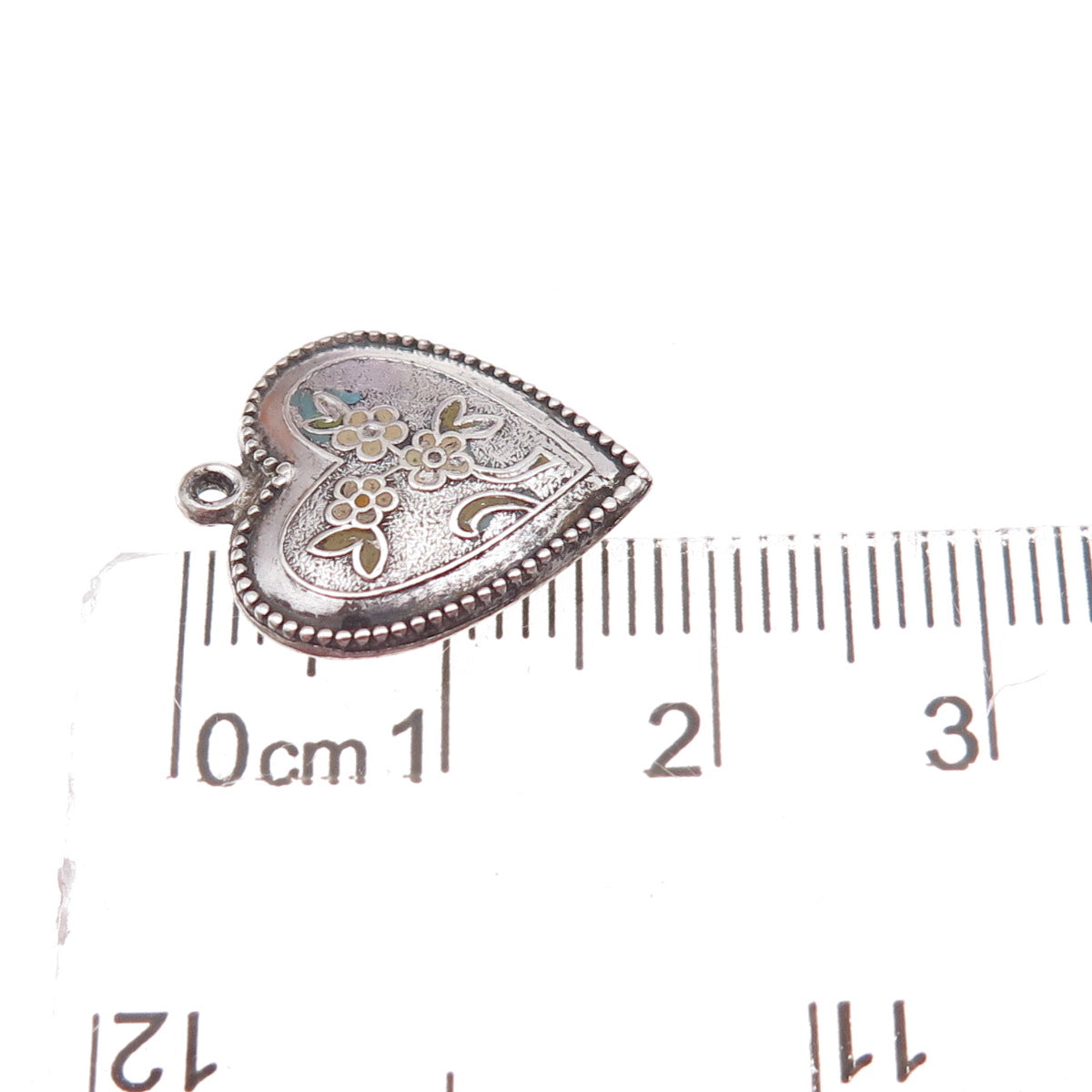 925 Sterling Silver Antique Art Deco Enamel Floral Heart Chatelaine Pendant