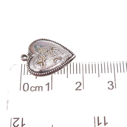 925 Sterling Silver Antique Art Deco Enamel Floral Heart Chatelaine Pendant