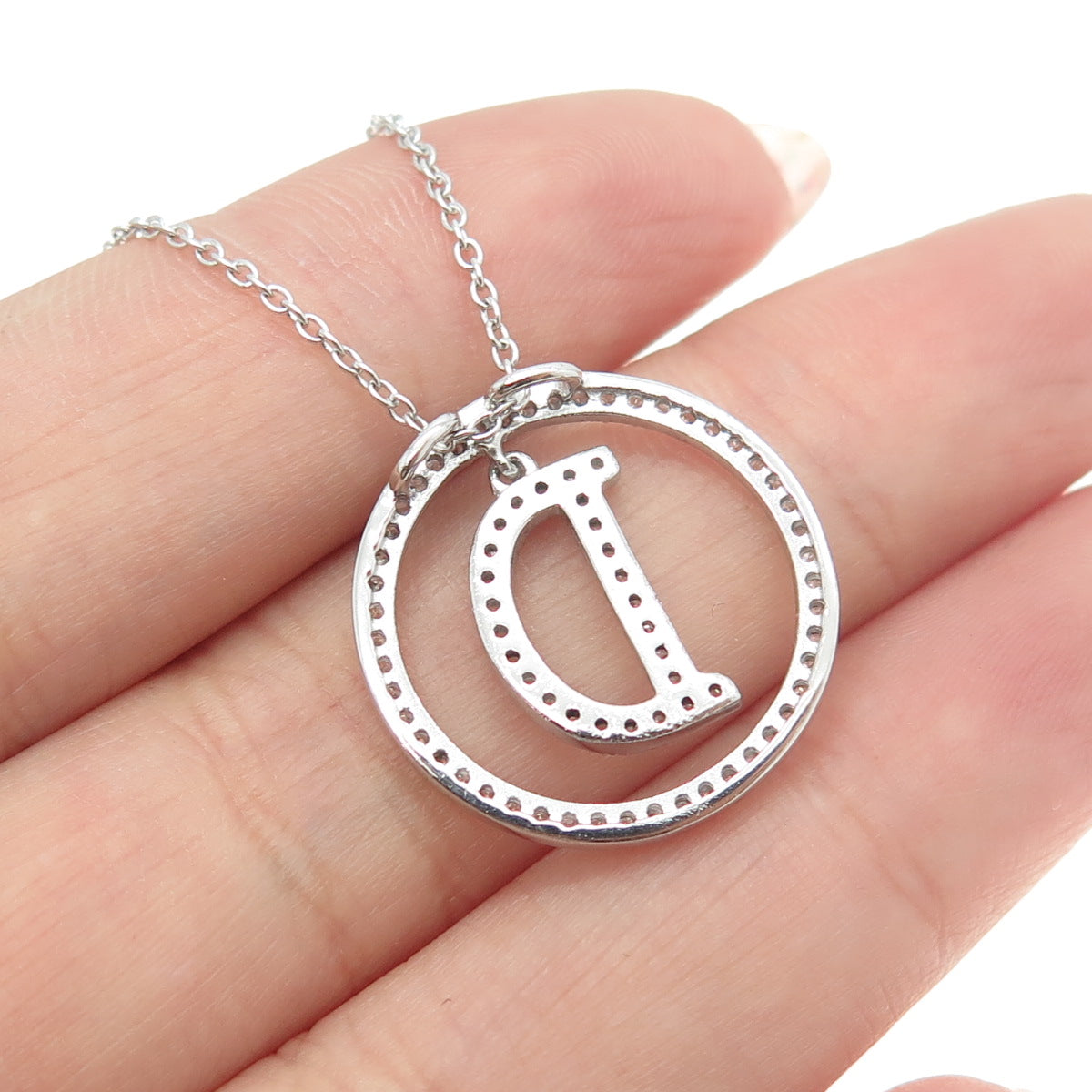 925 Sterling Silver Round-Cut C Z Letter "D" Initial Cable Chain Necklace 16-18"