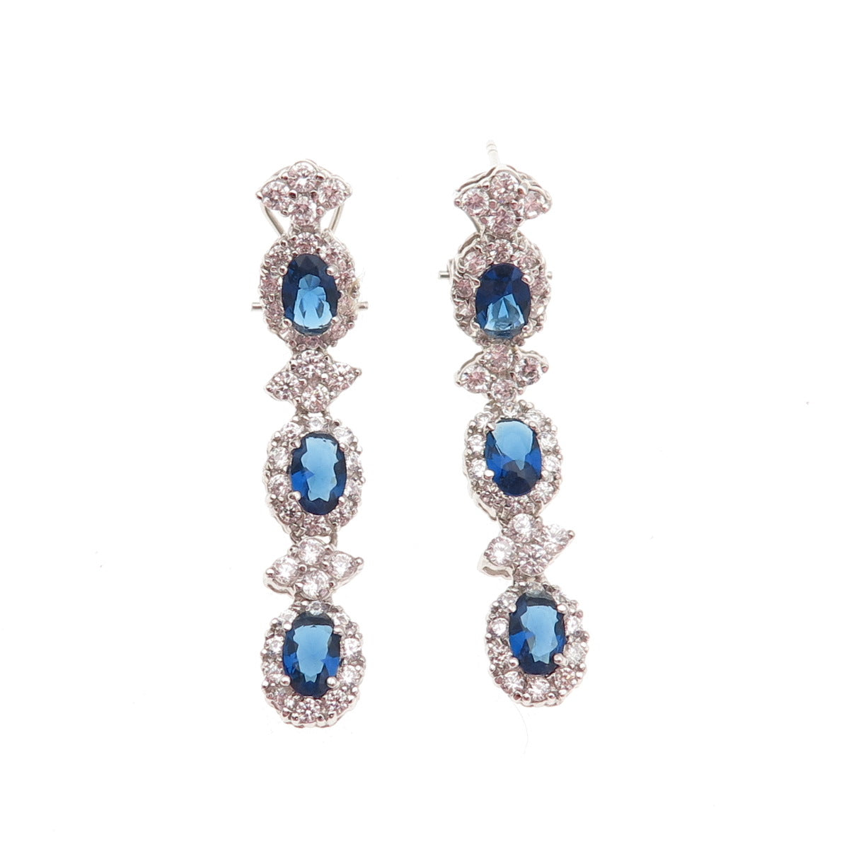 925 Sterling Silver Oval-Cut Blue & Round-Cut White C Z Dangle Earrings