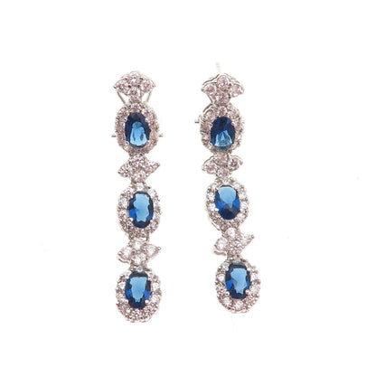 925 Sterling Silver Oval-Cut Blue & Round-Cut White C Z Dangle Earrings