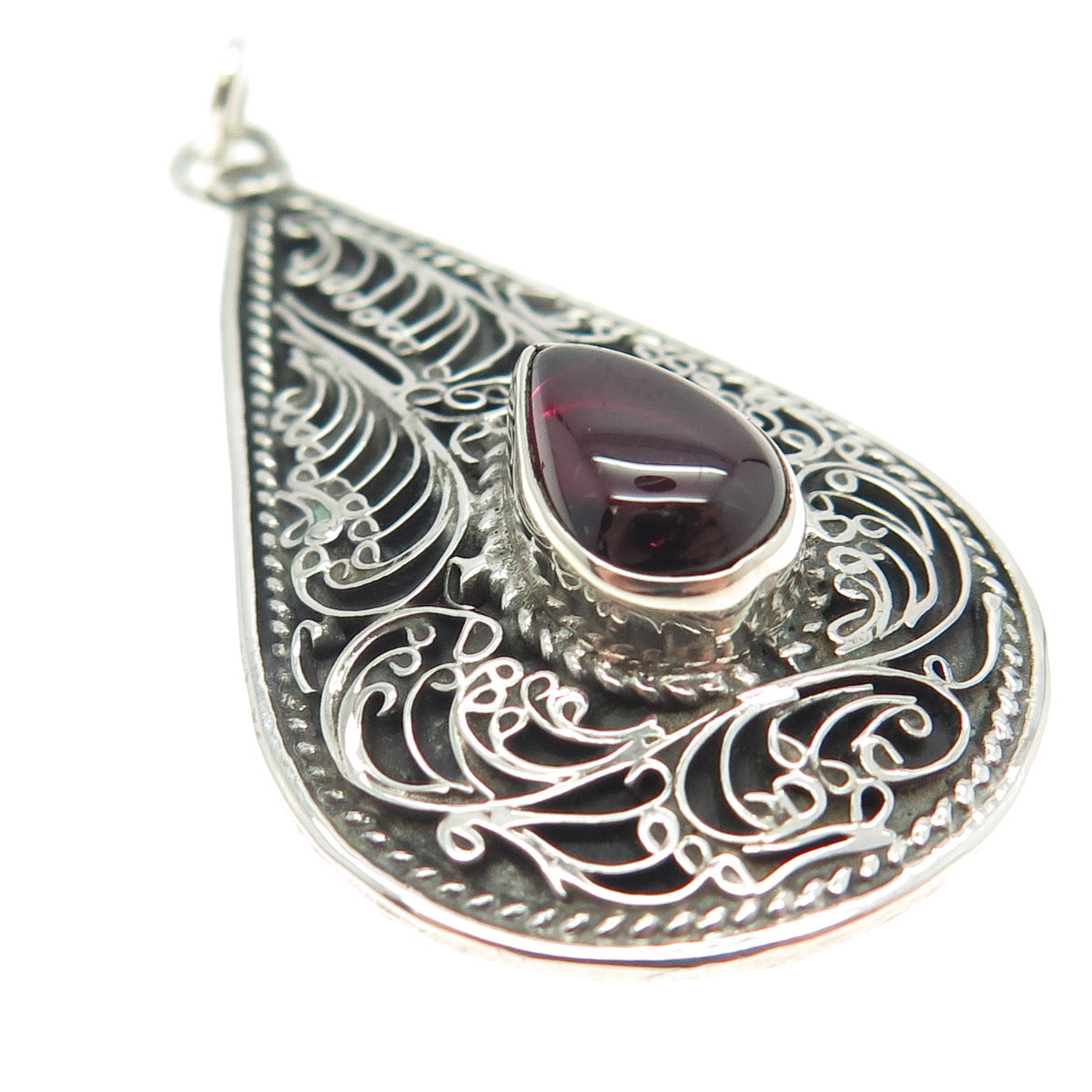 925 Sterling Silver Vintage Real Tourmaline Filigree Teardrop Pendant