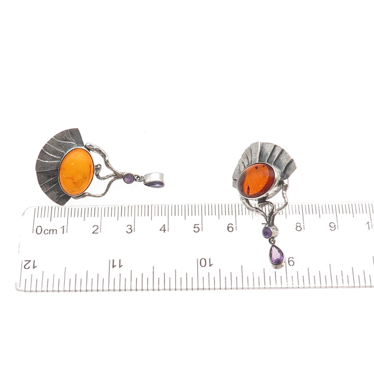 Michou 925 Sterling Silver Vintage Real Amber & Amethyst Modernist Earrings