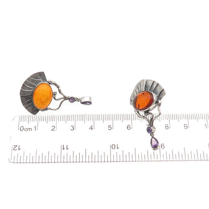 Michou 925 Sterling Silver Vintage Real Amber & Amethyst Modernist Earrings
