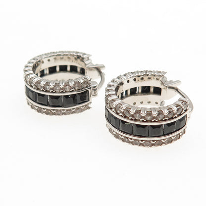 925 Sterling Silver Real Black Spinel & White Topaz Hoop Earrings