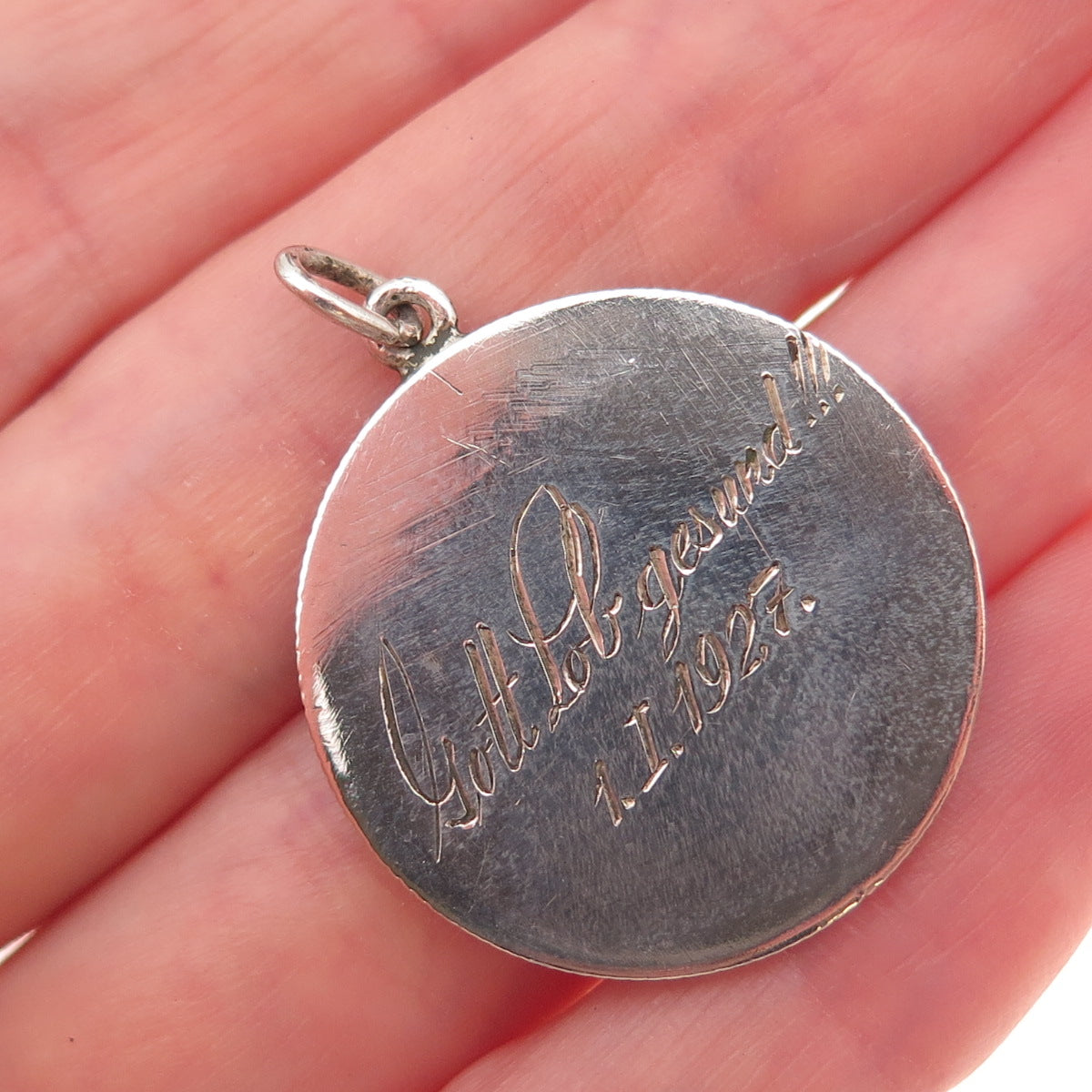 800 Silver Antique 1924 Austrian 1 Schilling Engraved Coin Pendant
