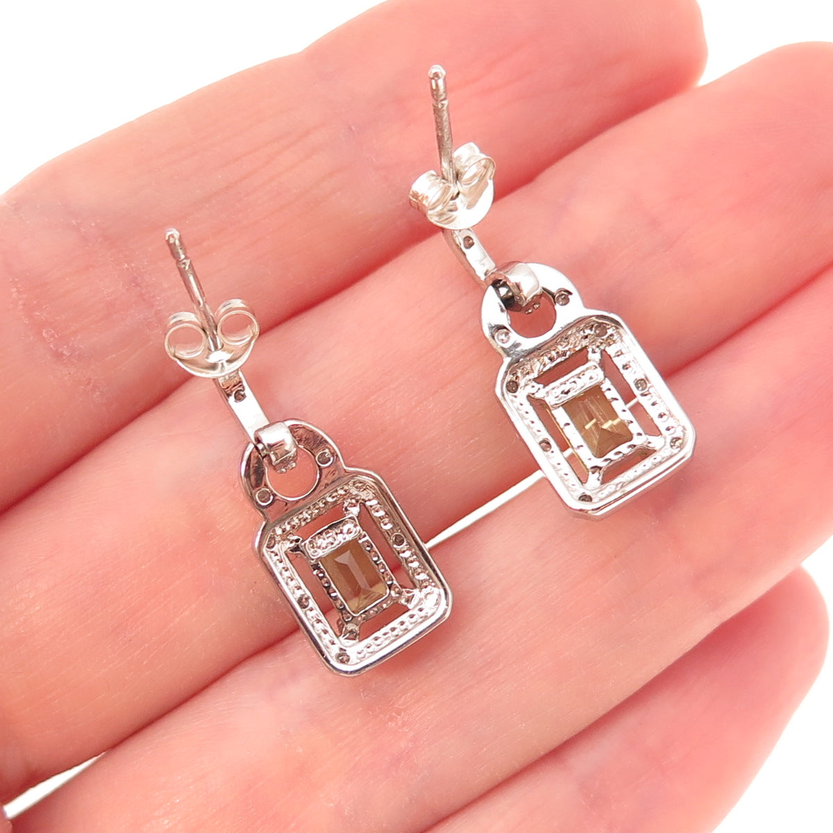 Charles Winston 925 Sterling Silver Real Diamond & Peridot Dangle Earrings