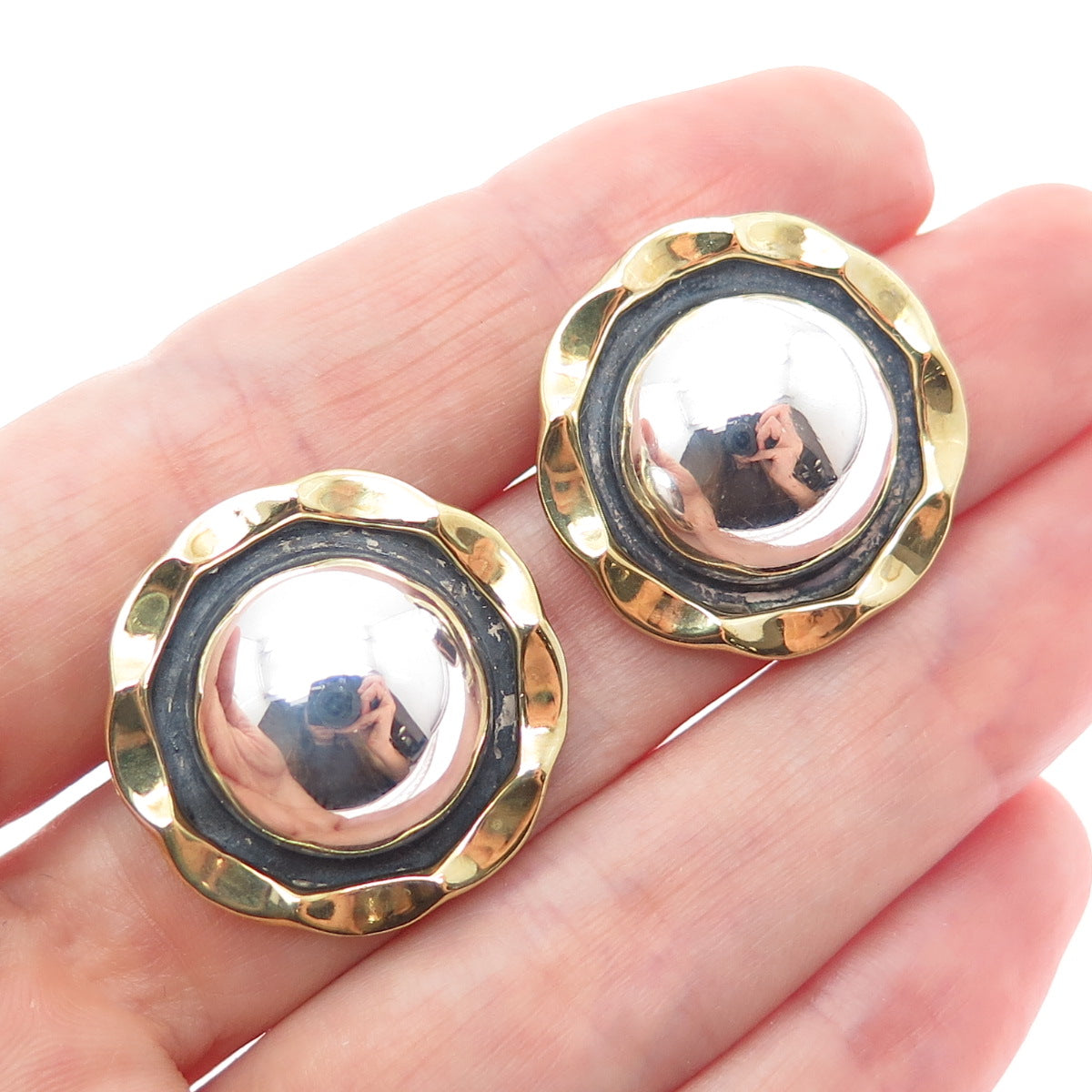 LATON Sterling Silver 2-Tone Vintage Mexico Modernist Flower Oxidized Earrings