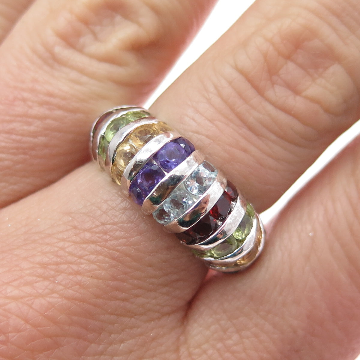 925 Sterling Vintage Real Blue Topaz Amethyst Garnet Peridot Citrine Ring Size 7