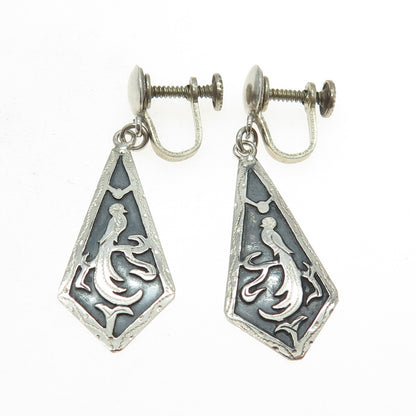 900 Silver Vintage Guatemala Tribal Bird Oxidized Dangle Screw Back Earrings