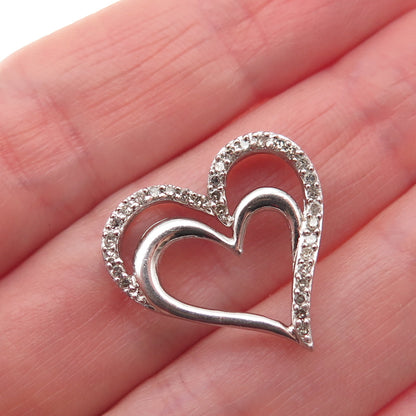 SUN 925 Sterling Silver Real Round-Cut Diamond Heart Mini Slide Charm Pendant