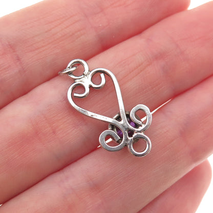 925 Sterling Silver Vintage Real Amethyst Heart Ornate Charm Pendant