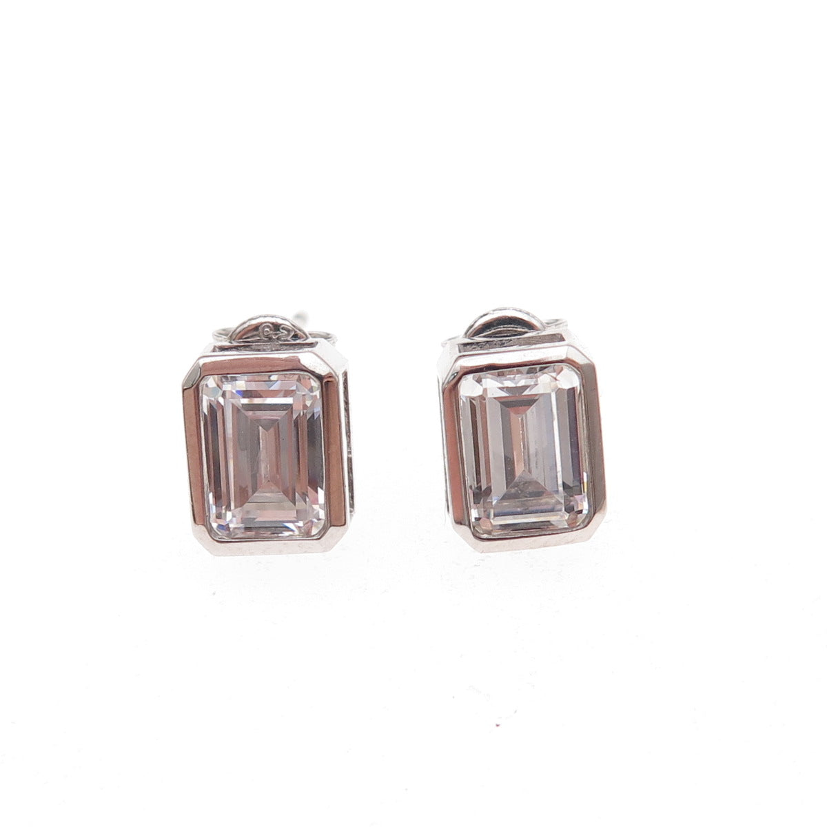 925 Sterling Silver Emerald-Cut C Z Stud Earrings