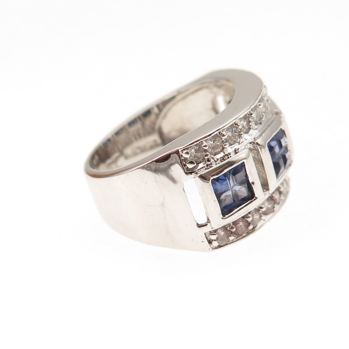 925 Sterling Silver Blue Princess & White Round-Cut C Z Ring Size 6
