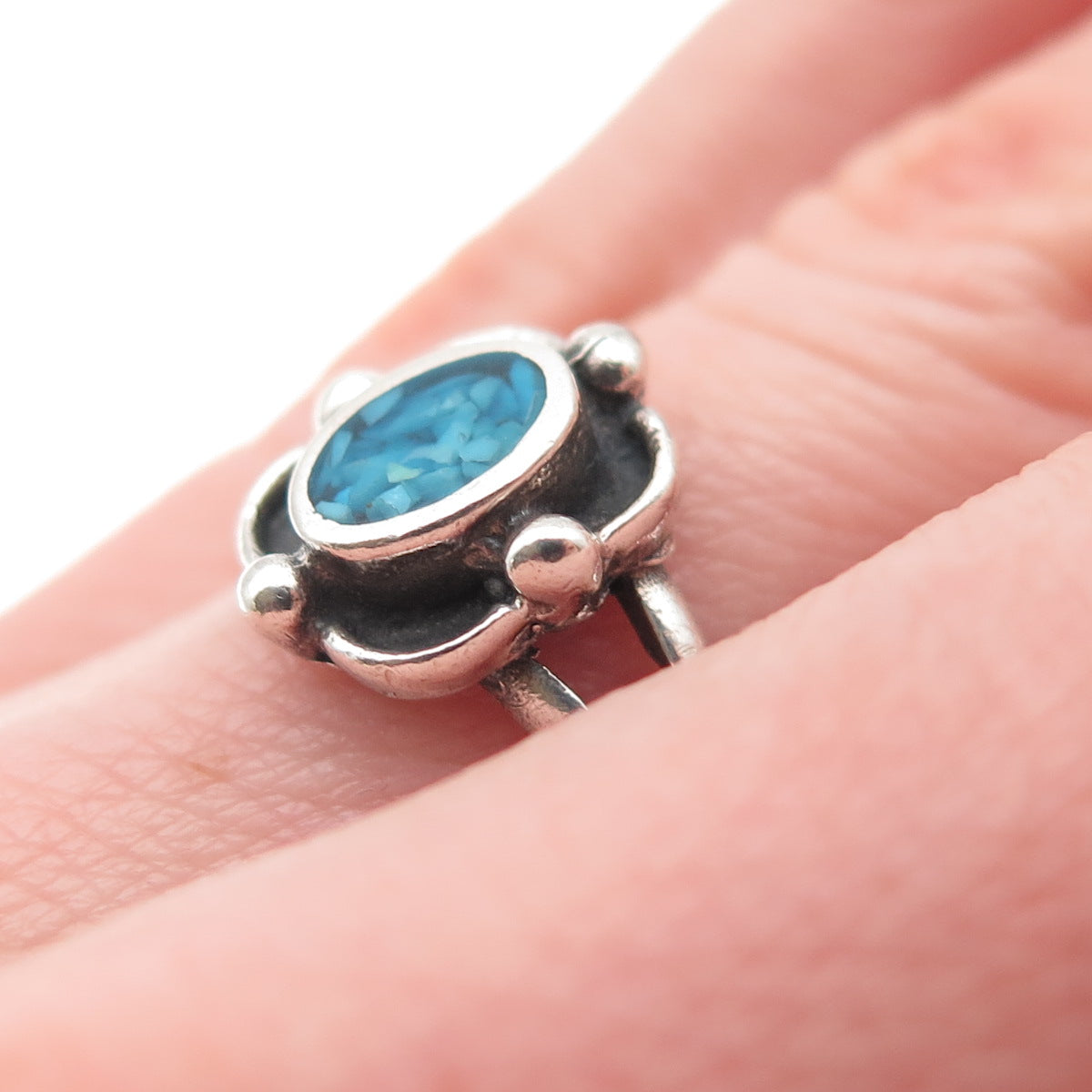Old Pawn 925 Sterling Silver Vintage Turquoise Inlay Oxidized Tribal Ring Size 6