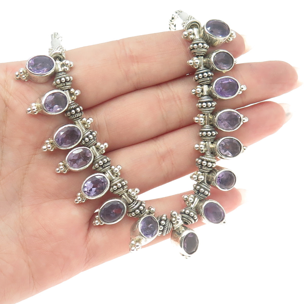 925 Sterling Silver Vintage Real Oval-Cut Amethyst Granulated Chain Necklace 18"