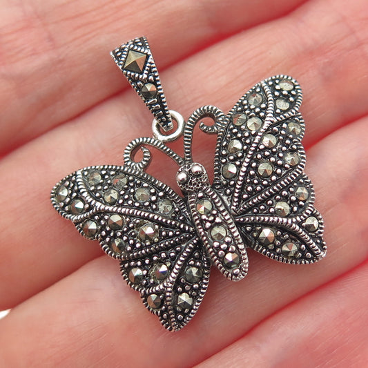 925 Sterling Silver Vintage Real Marcasite Butterfly Charm Pendant