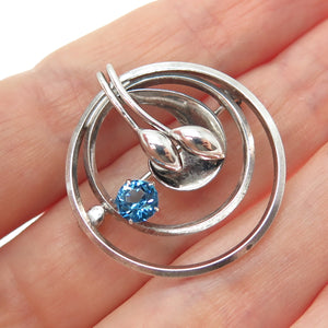 CARL ART 925 Sterling Silver Antique Blue Rhinestone Floral Oxidized Pin Brooch