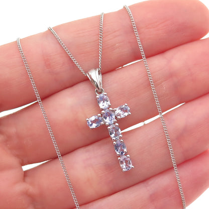 Chuck Clemency 925 Sterling Silver Real Tanzanite Cross Curb Chain Necklace 20"