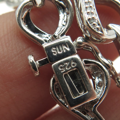 SUN 925 Sterling Silver Real Round-Cut White Diamond Heart Link Bracelet 7.25"