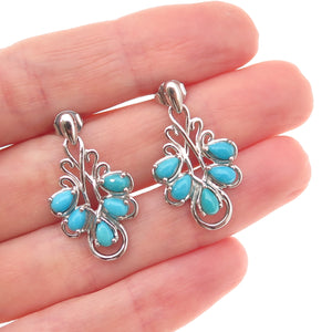 925 Sterling Silver Real Sleeping Beauty Turquoise Floral Dangle Earrings