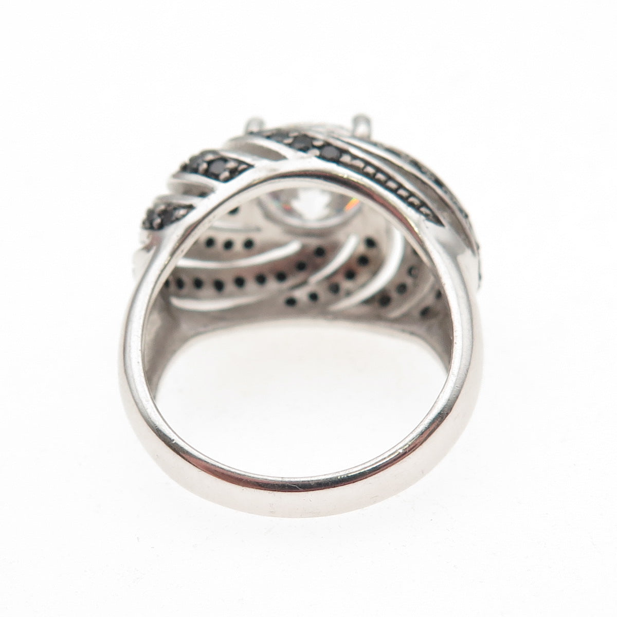 925 Sterling Silver Real Round-Cut Black Spinel & C Z Ring Size 7
