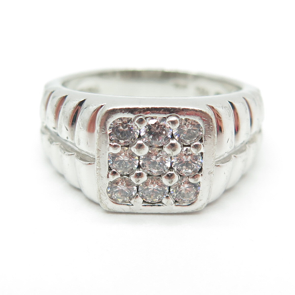 925 Sterling Silver Vintage Round-Cut Shaped C Z Ribbed Ring Size 11