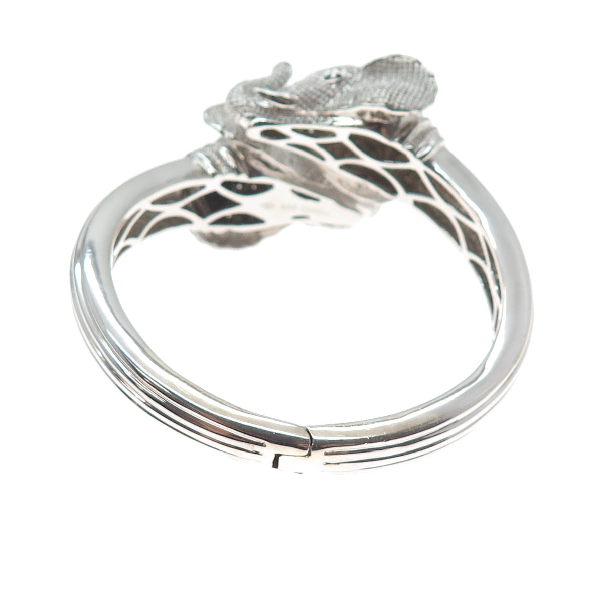 925 Sterling Silver Real Round-Cut Diamond Elephant Heavy 55.7g Bracelet 6.5"