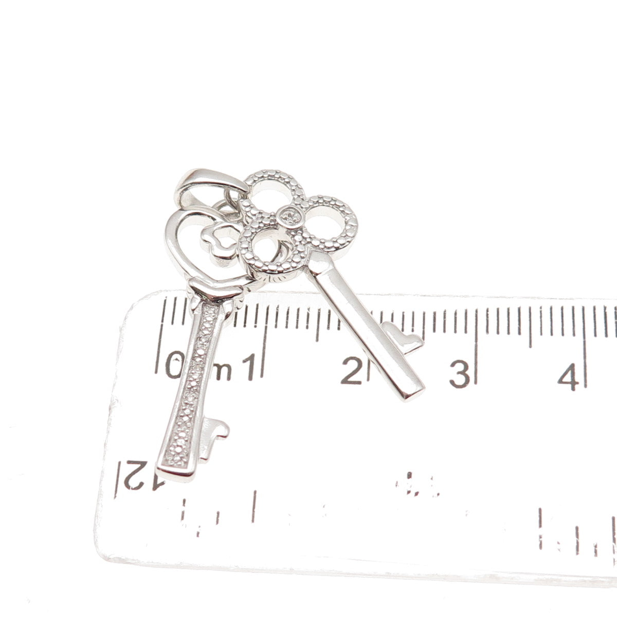 925 Sterling Silver Real Round-Cut Diamond Heart & Club Key Charm Pendant