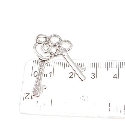 925 Sterling Silver Real Round-Cut Diamond Heart & Club Key Charm Pendant